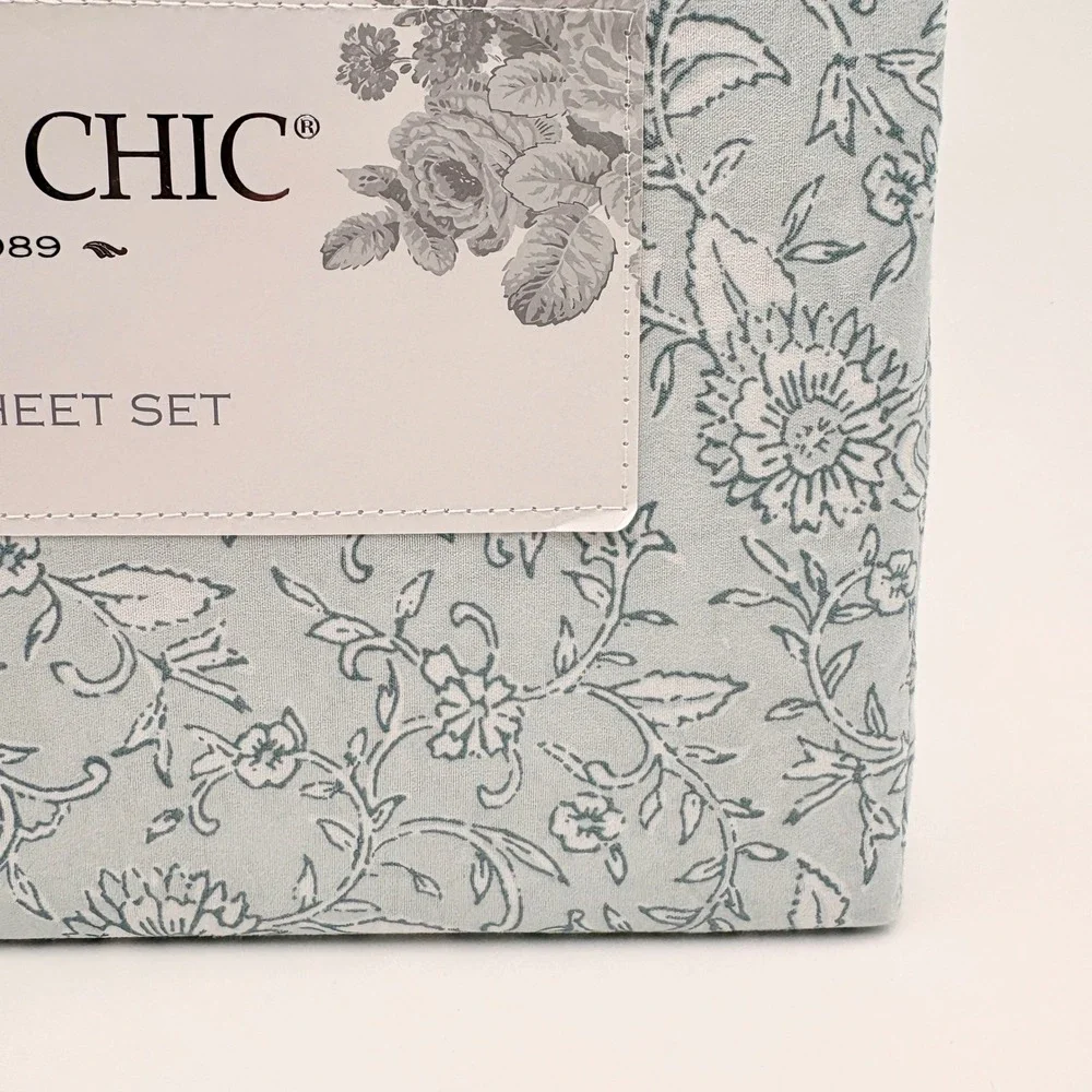 Shabby Chic Queen Sheet Set Light‎ Blue White Floral Toile 4pc Microfiber NEW